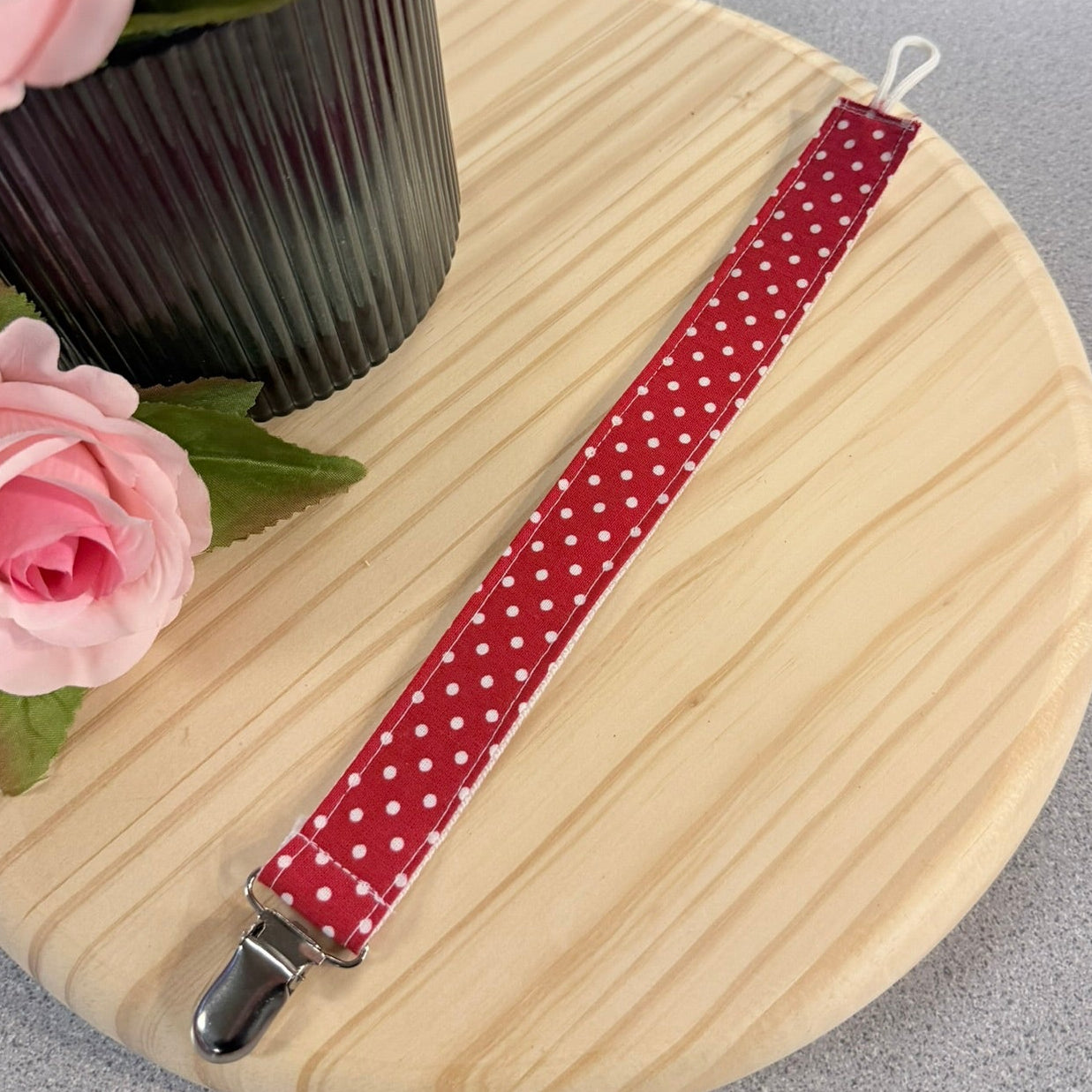 Red Polka Dot Fabric Pacifier Clip | Handmade Baby Accessory